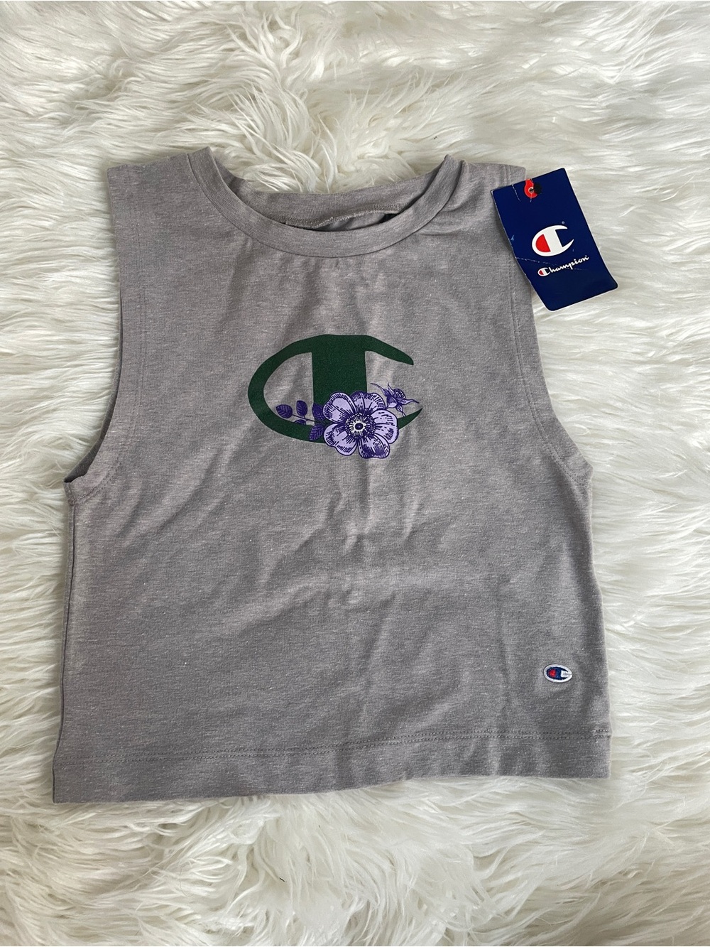 Champion Gray Muscle Tank with Green & Purple Floral Logo